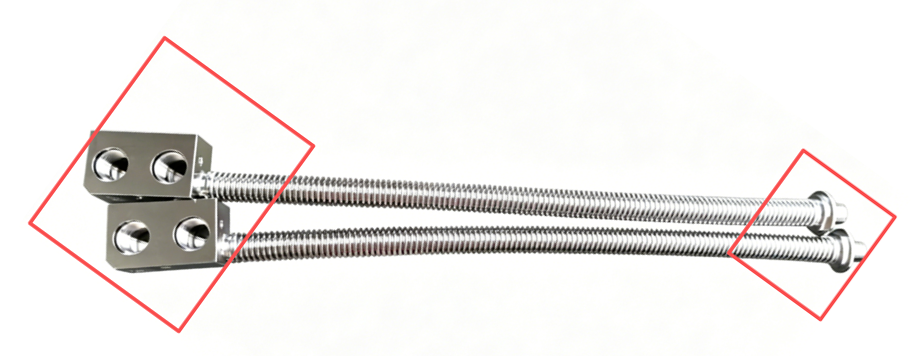 Bellows cooling line with highlighted machined end blocks and terminal interfaces