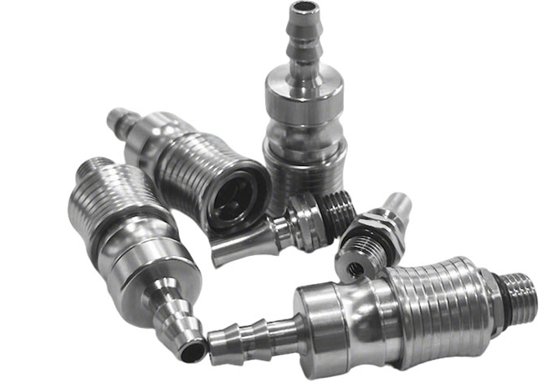 Precision metal liquid cooling fittings with threaded and hose connection features